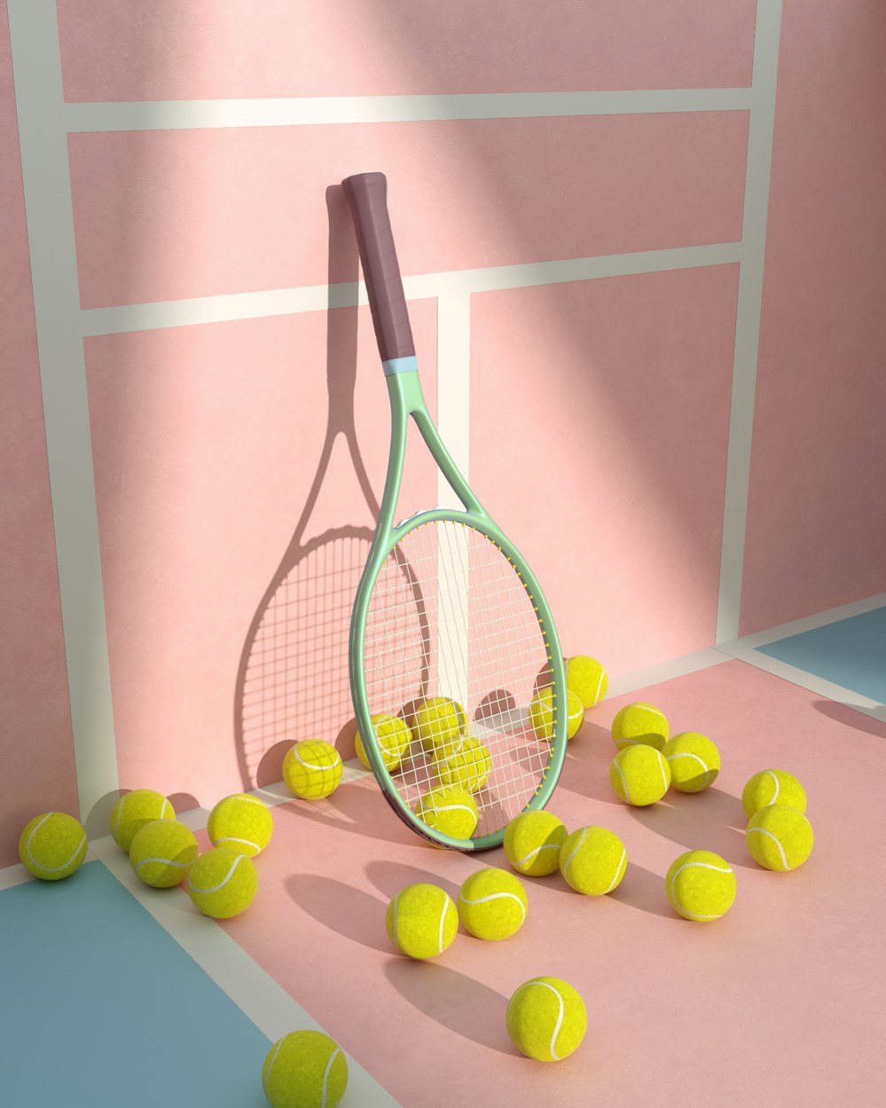 Tennis racket surrounded by a bunch of tennis balls